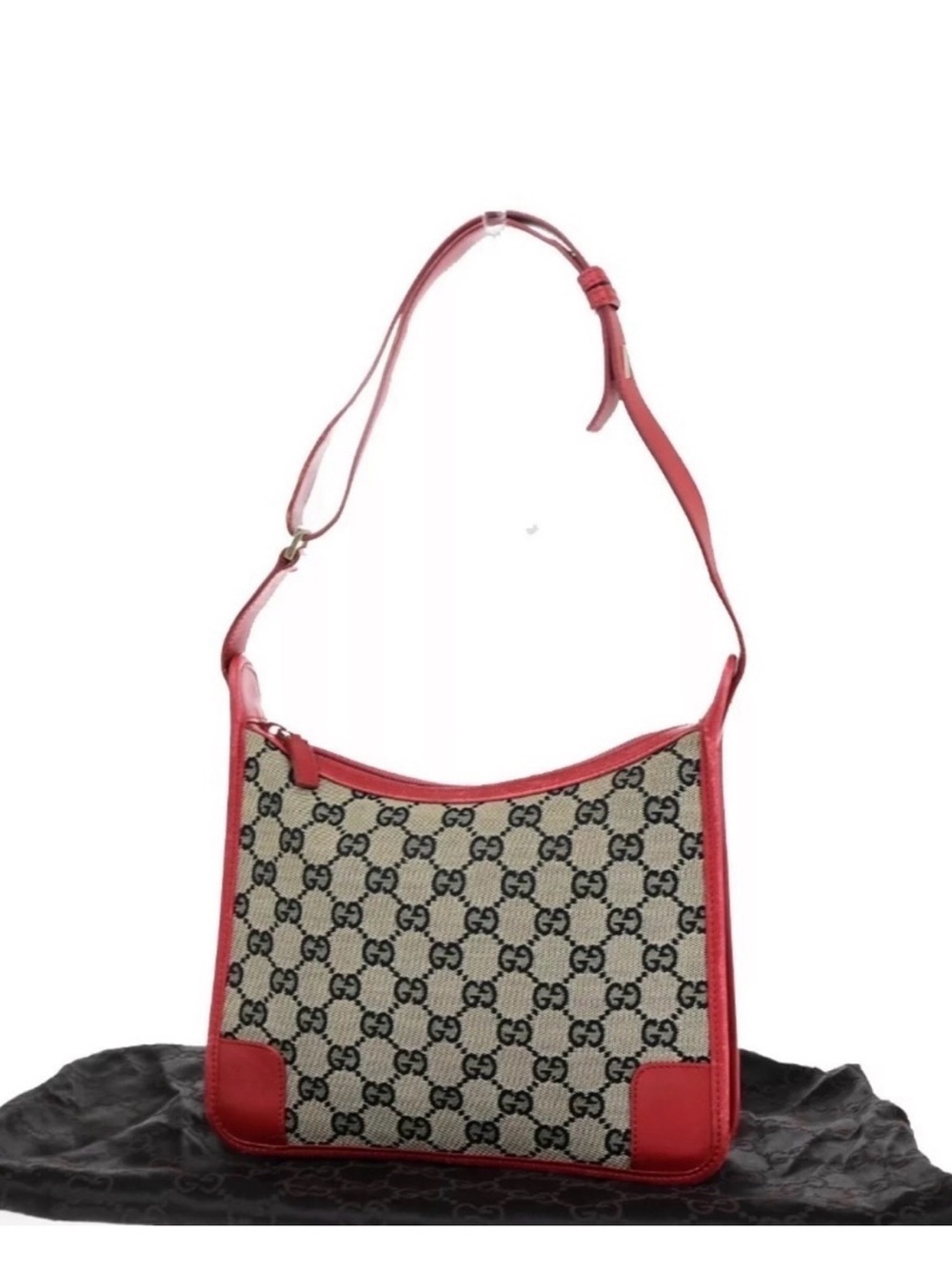 GUCCI Logo GG Pattern Canvas Leather Red Black Gold Shoulder Bag